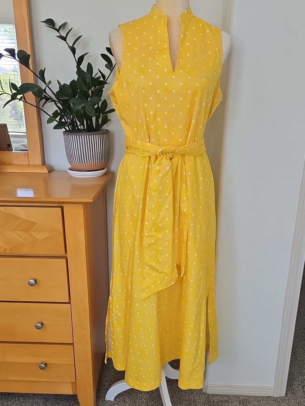 Anne Klein Yellow Polka Dot Sleeveless Maxi Dress with Tie